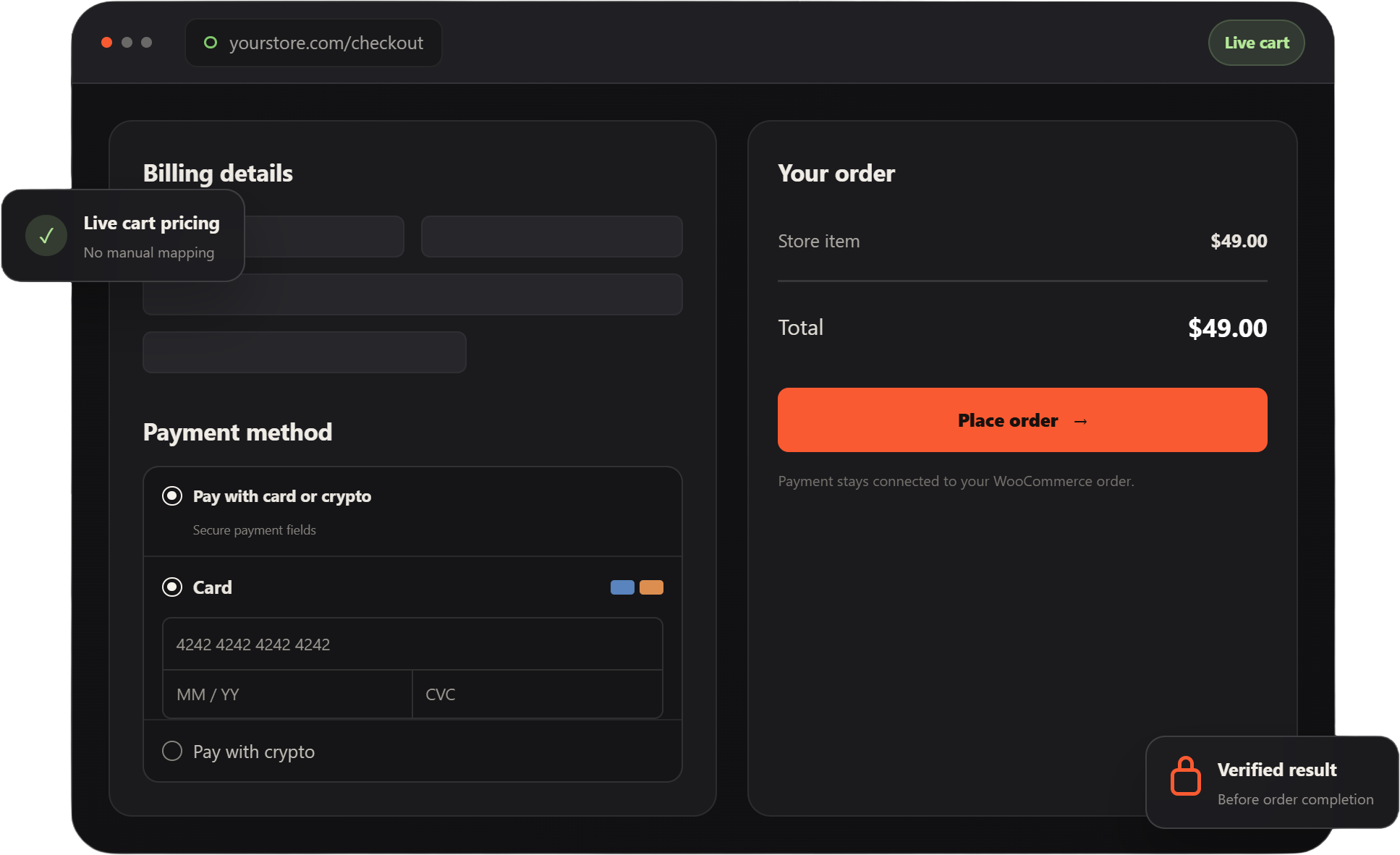 Whop payment gateway embedded in a WooCommerce checkout