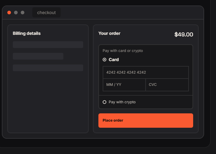 Whop payment fields embedded in a WooCommerce checkout
